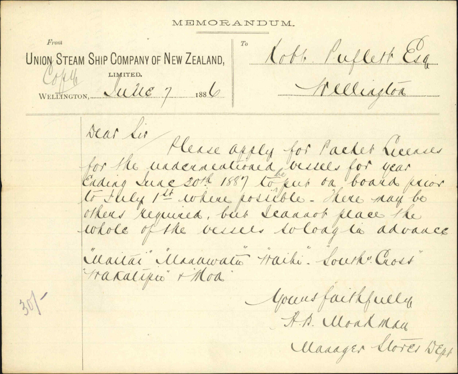 Application for packet licenses - Union Steam Ship Company
