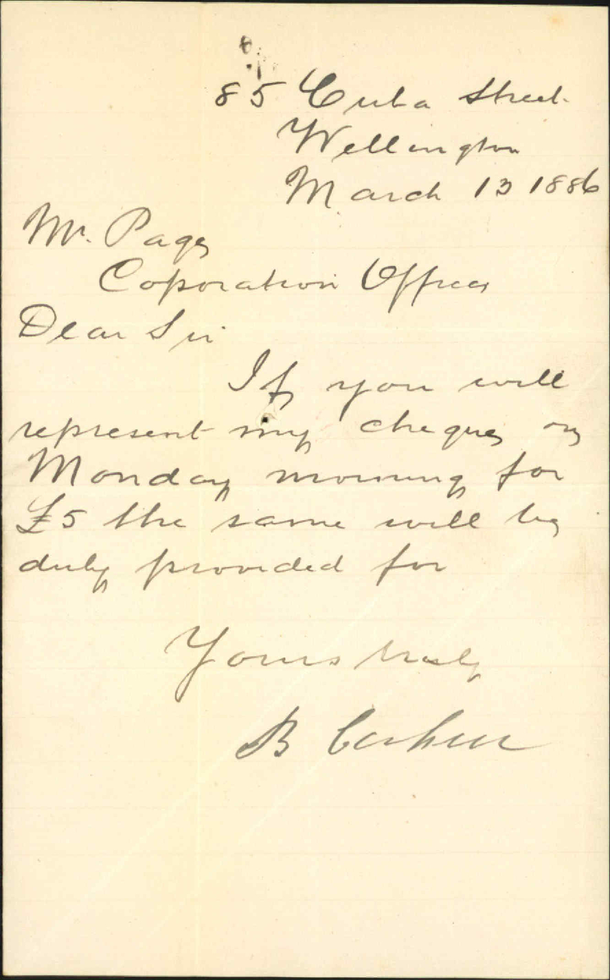 Cheque for town belt rent - B Cohen