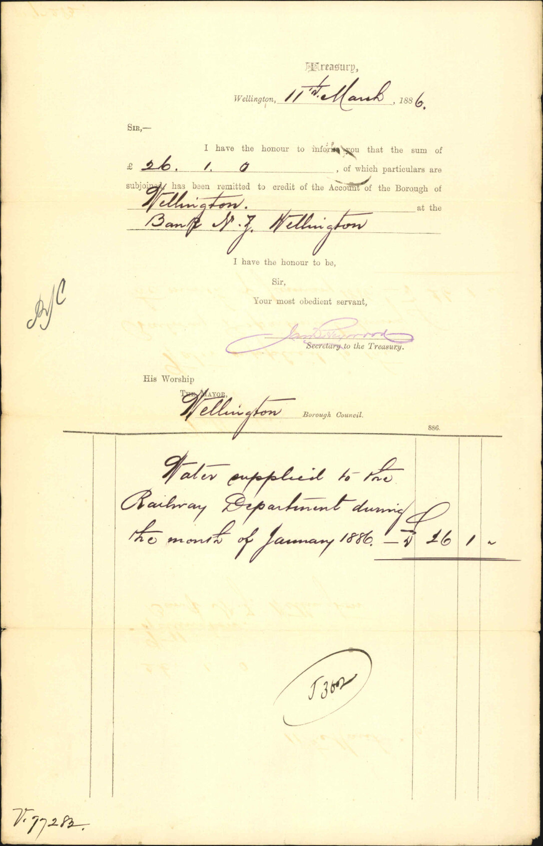 Advising payment of water account - Treasury