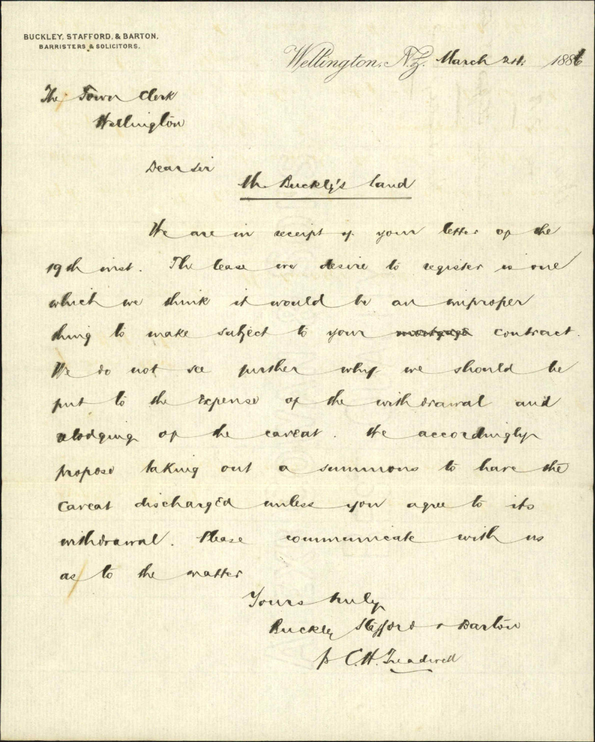 Caveat against land at Cuba Street - Buckley, Stafford and Barton