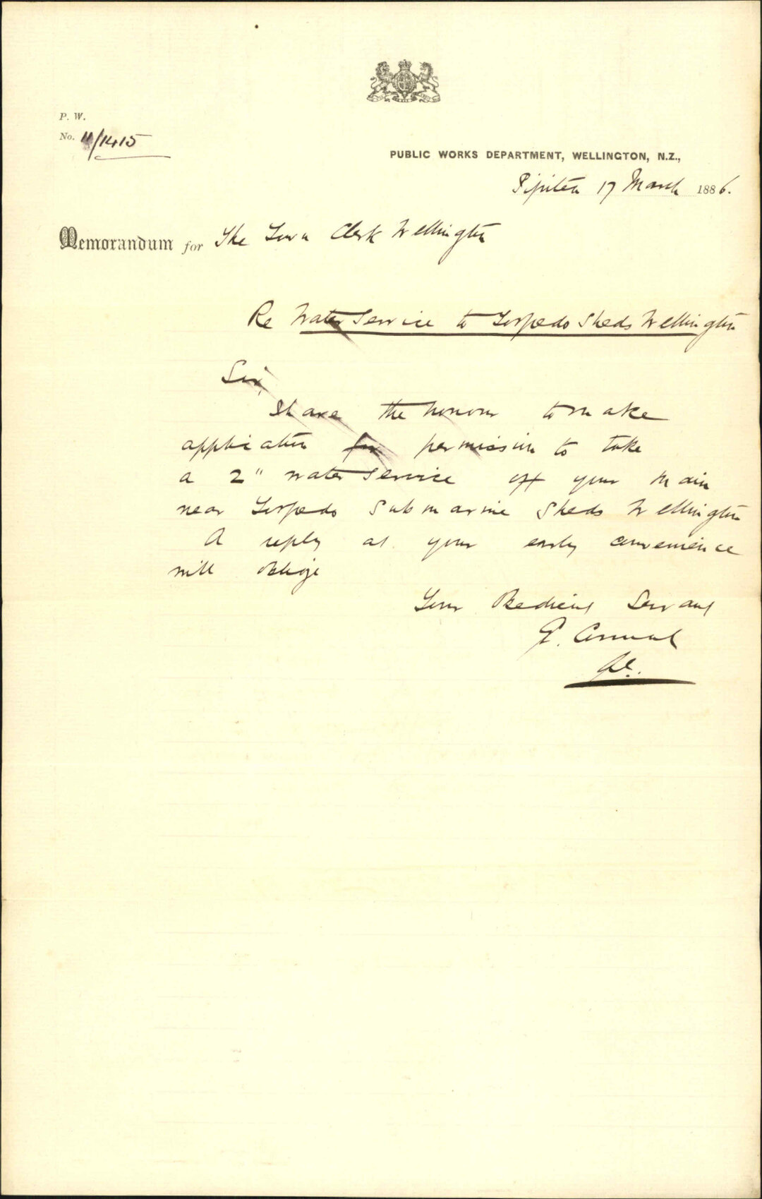 Water for torpedo submarine sheds - Public Works Department