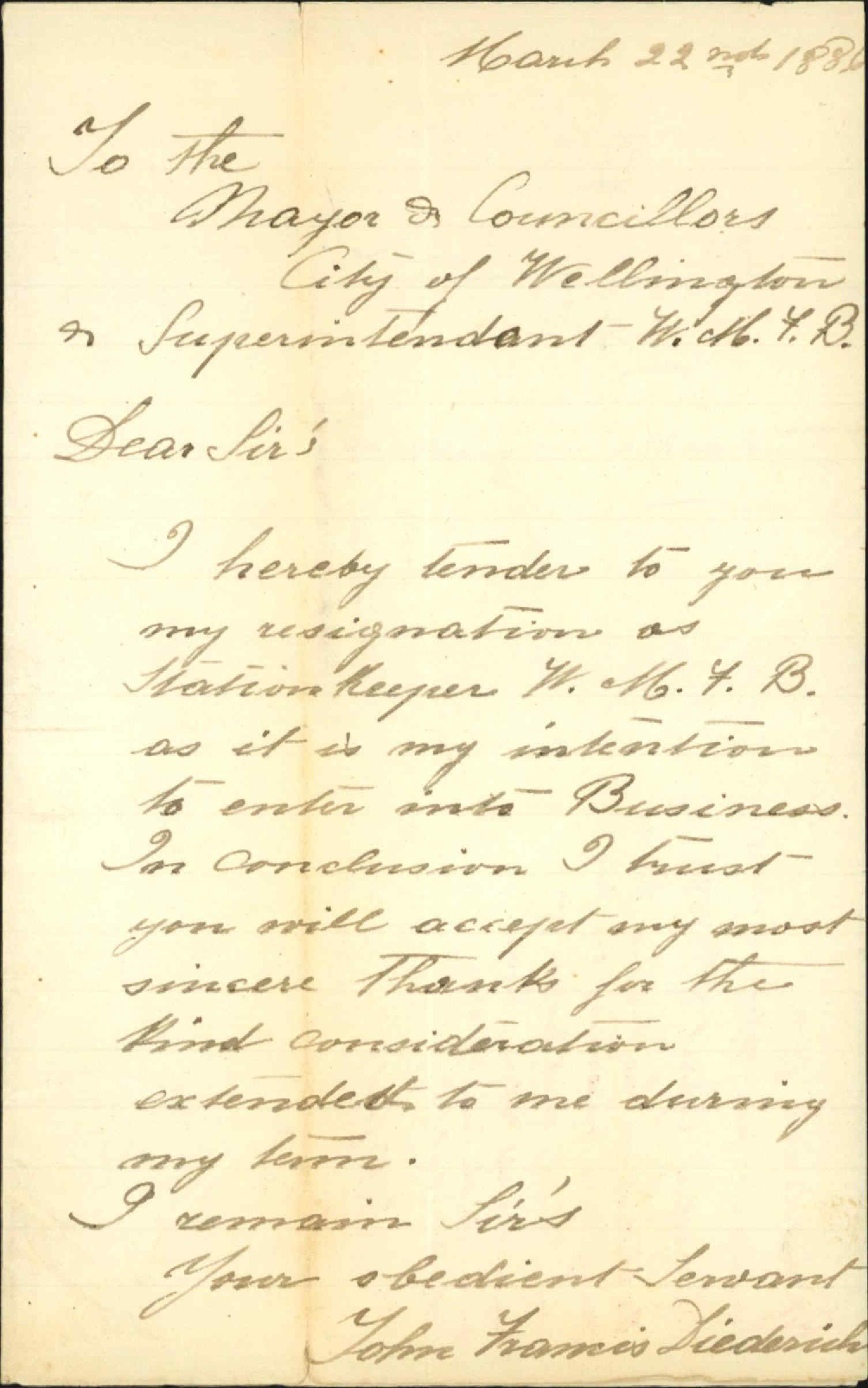 Tendering resignation as Station Keeper - John F Diederich