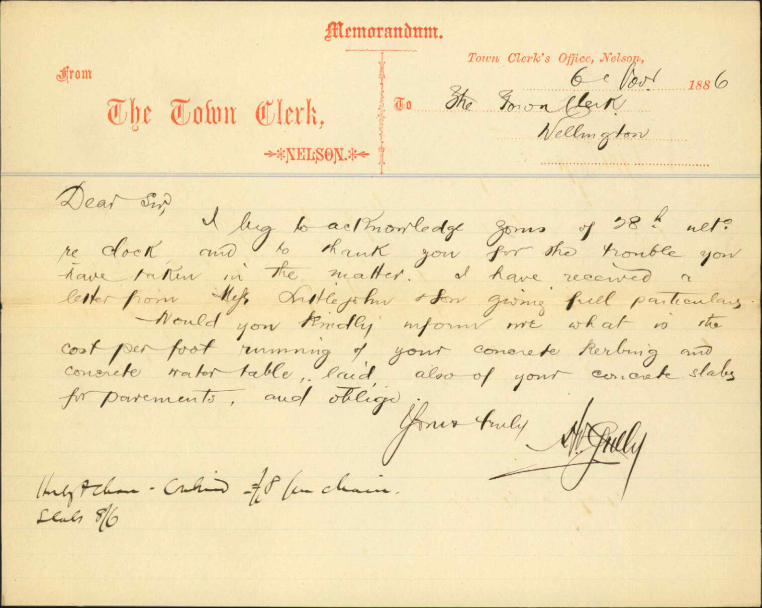 Asking price of concrete kerbing etc - Town Clerk, Nelson
