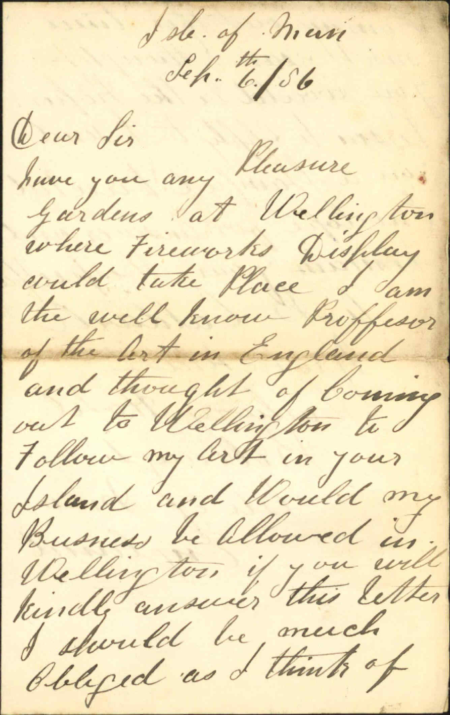 Enquiry as to pleasure gardens and fireworks - A B Caldwell, Ballaugh, Isle of Mann