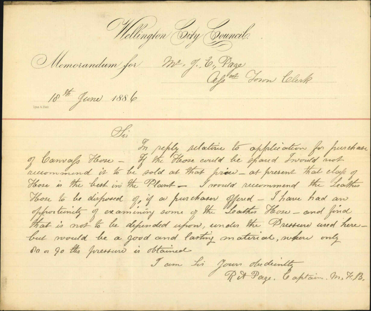 As to surplus fire hose - Robert A Page (Captain, Fire Brigade)
