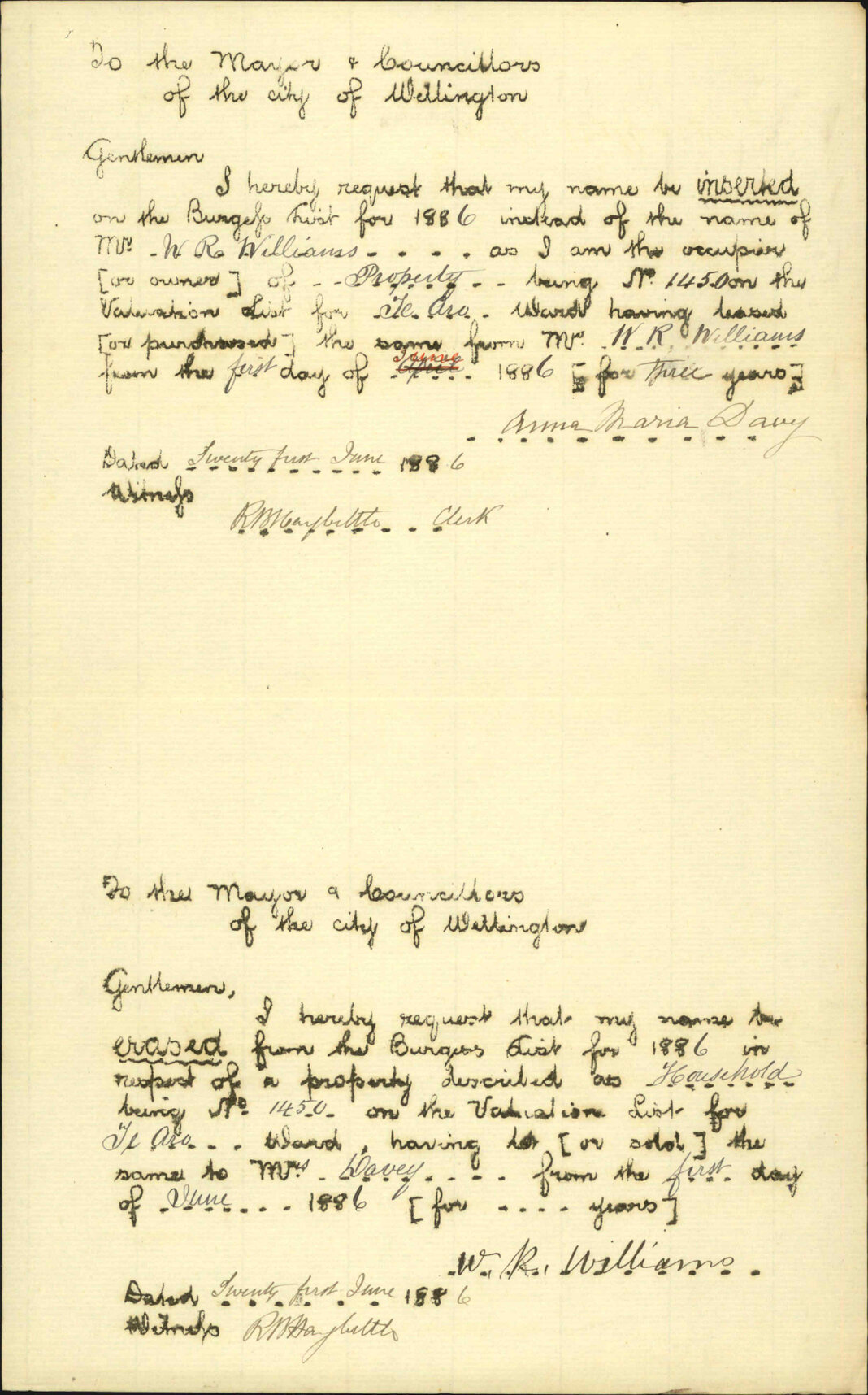 Application to go on Burgess Roll - A M Davy