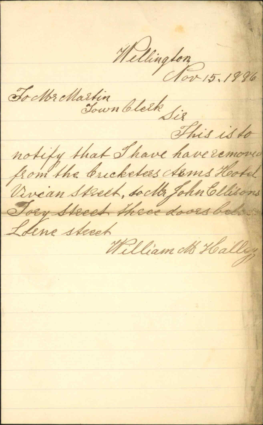 Advising change of residence - William M Halley