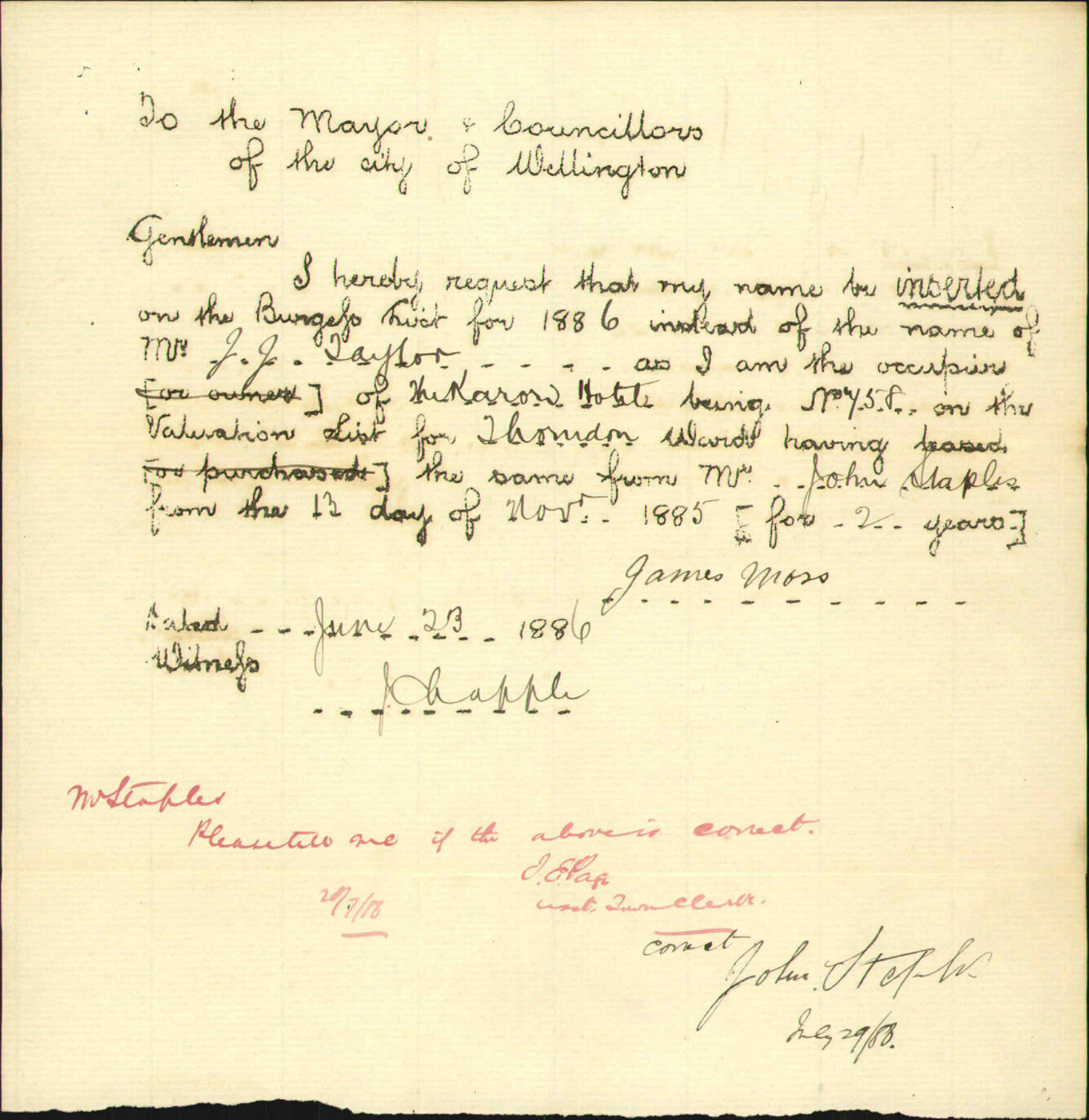 Application to be placed on Burgess Roll - James Moss