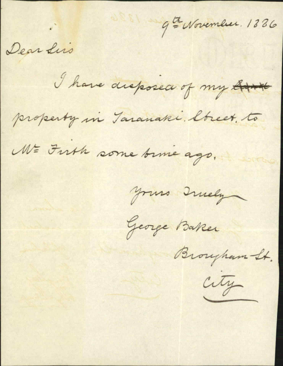 His property in Taranaki Street - George Baker