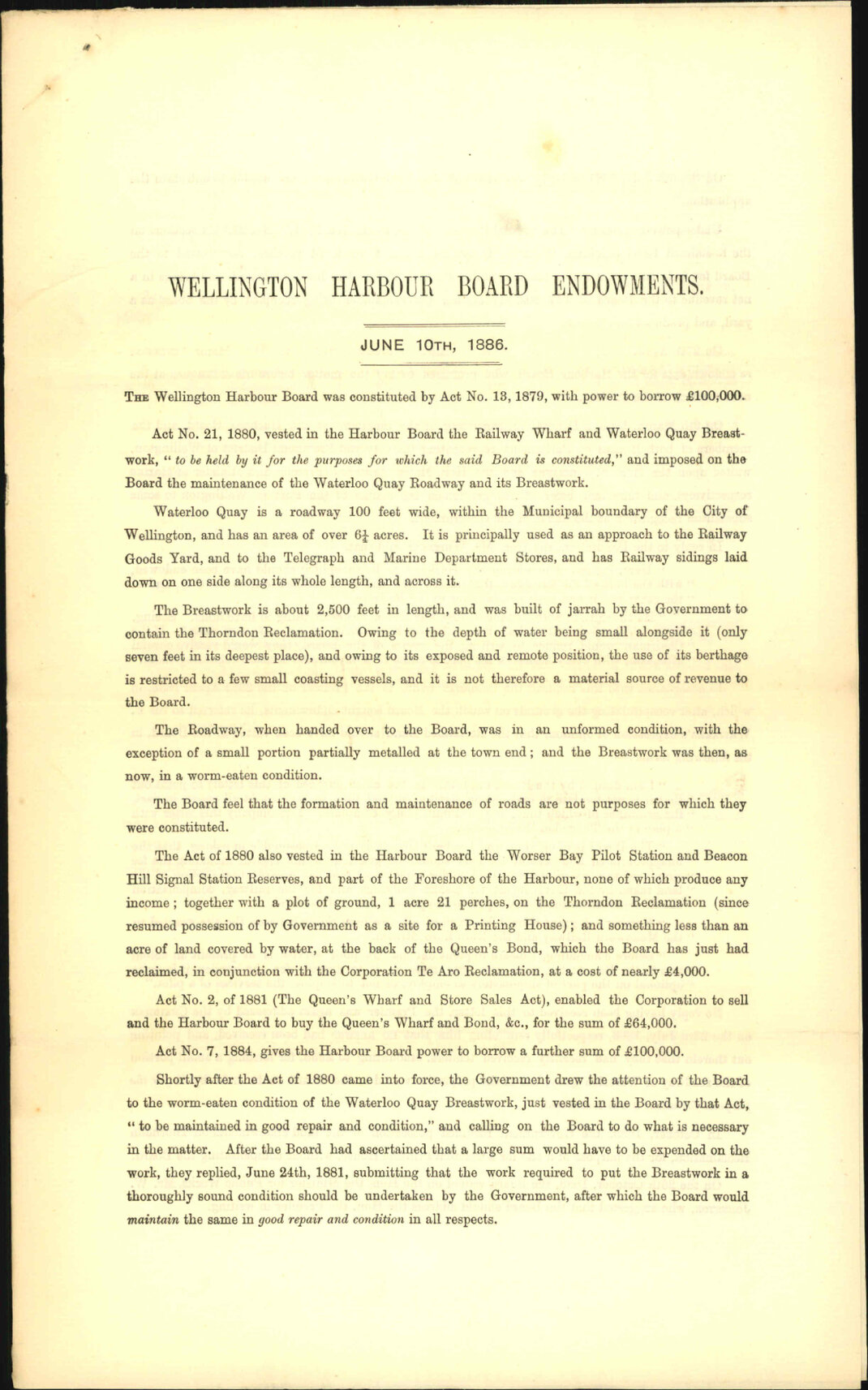 Government endowments - Harbour Board