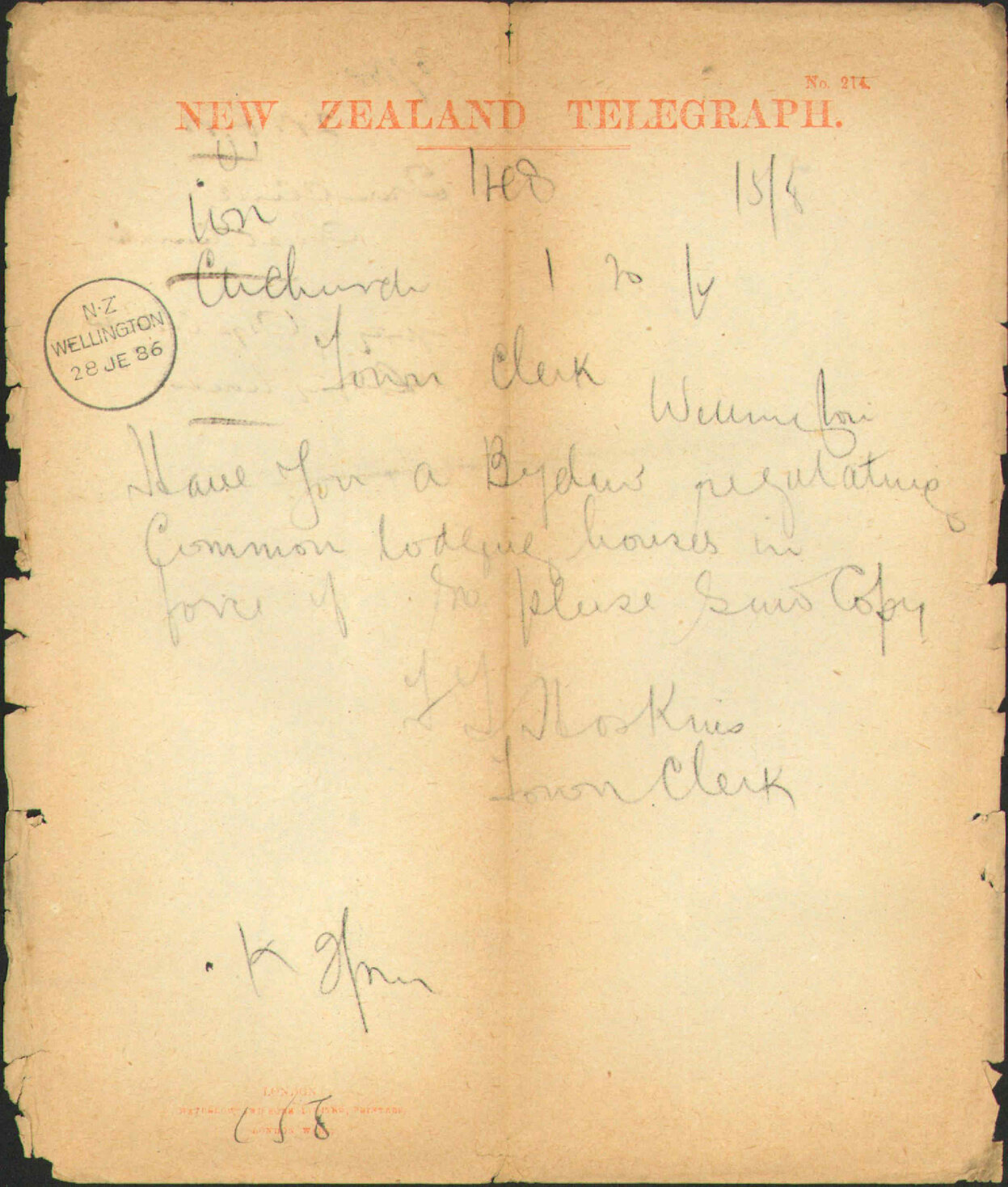 Enquiry as to bylaw regarding lodging licenses - Town Clerk Christchurch