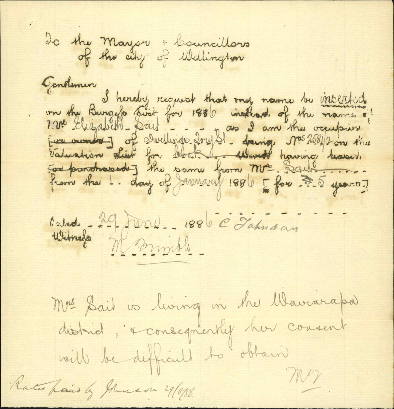 Application to be placed on Burgess Roll - C Johnson