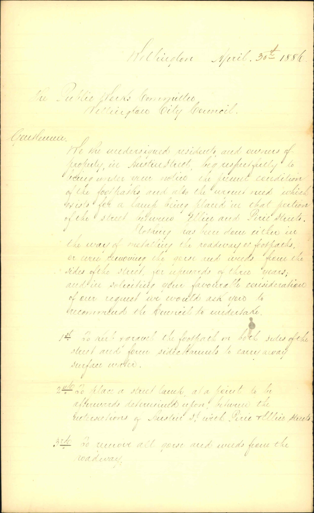 Petition for repairs etc in Austin Street - J M Goedfinch and others