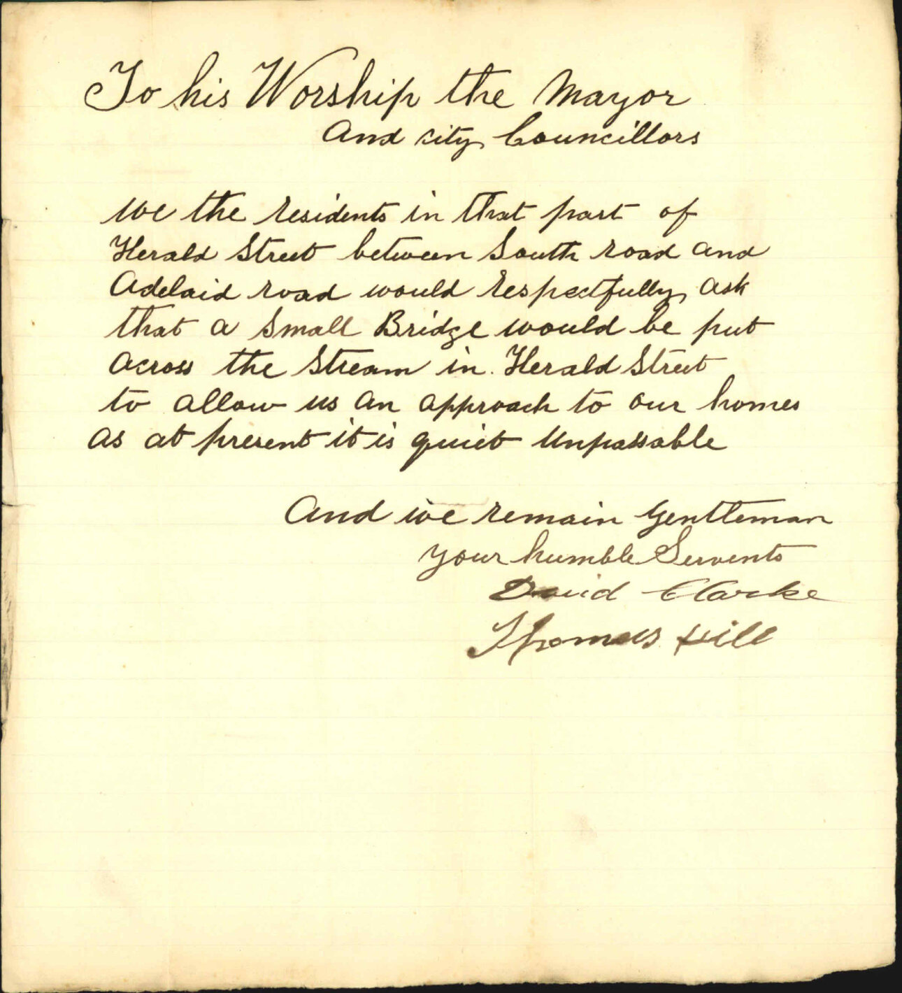 Asking for bridge in Herald Street - D Clark and J Hill
