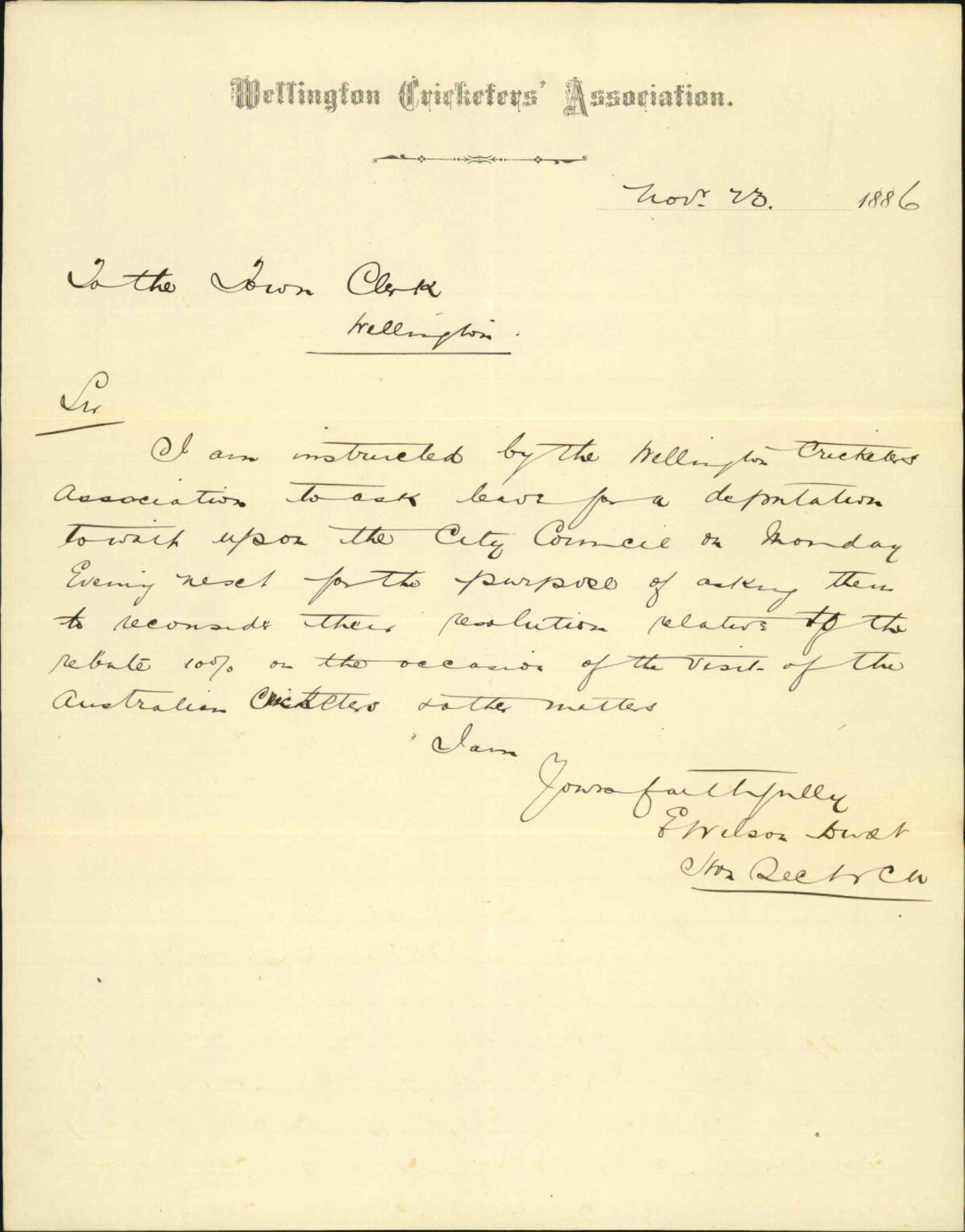 To wait on Public Works Committee - Wellington Cricketers Association