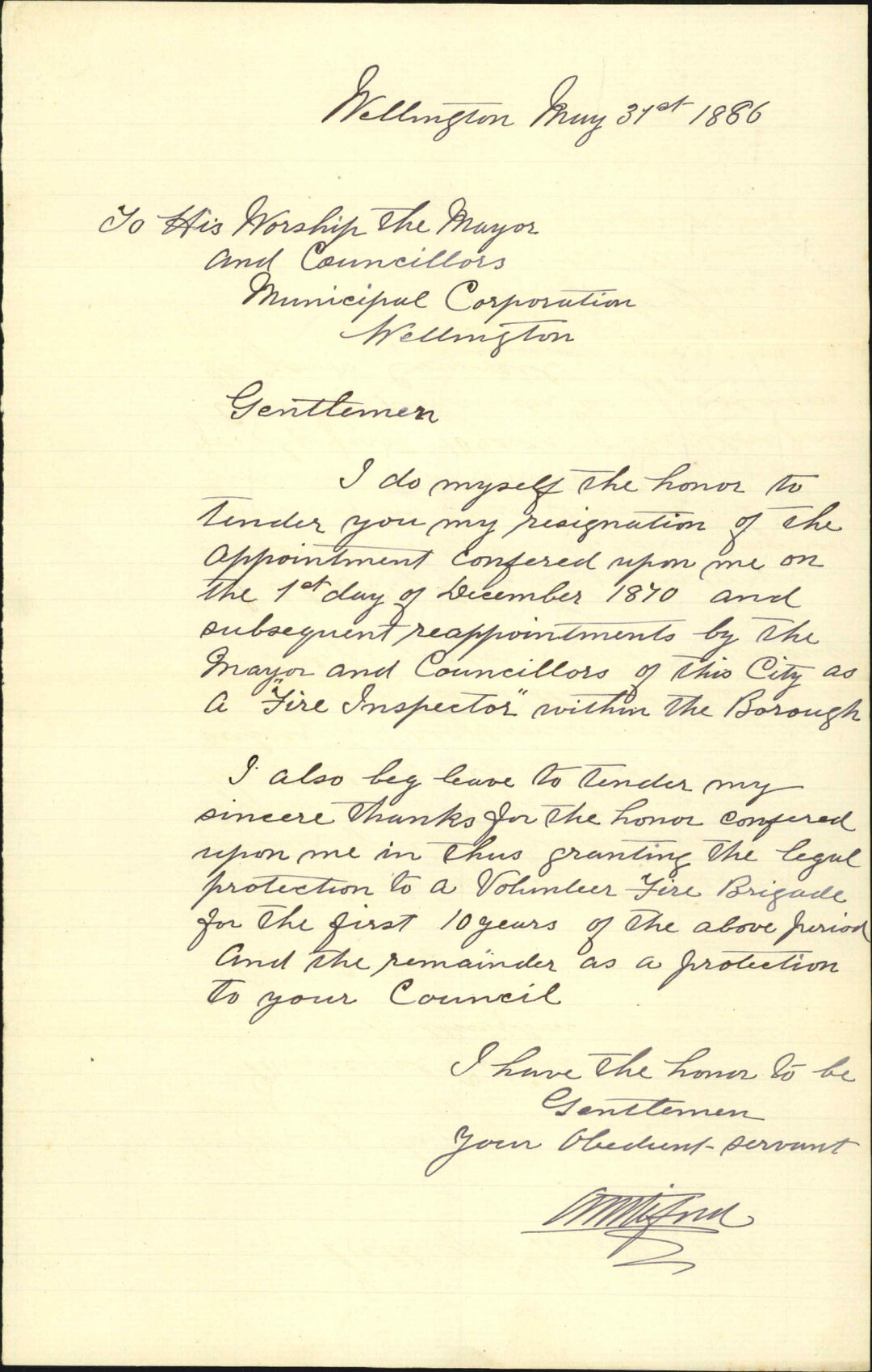 Resignation of office of Fire Inspector - R Whiteford