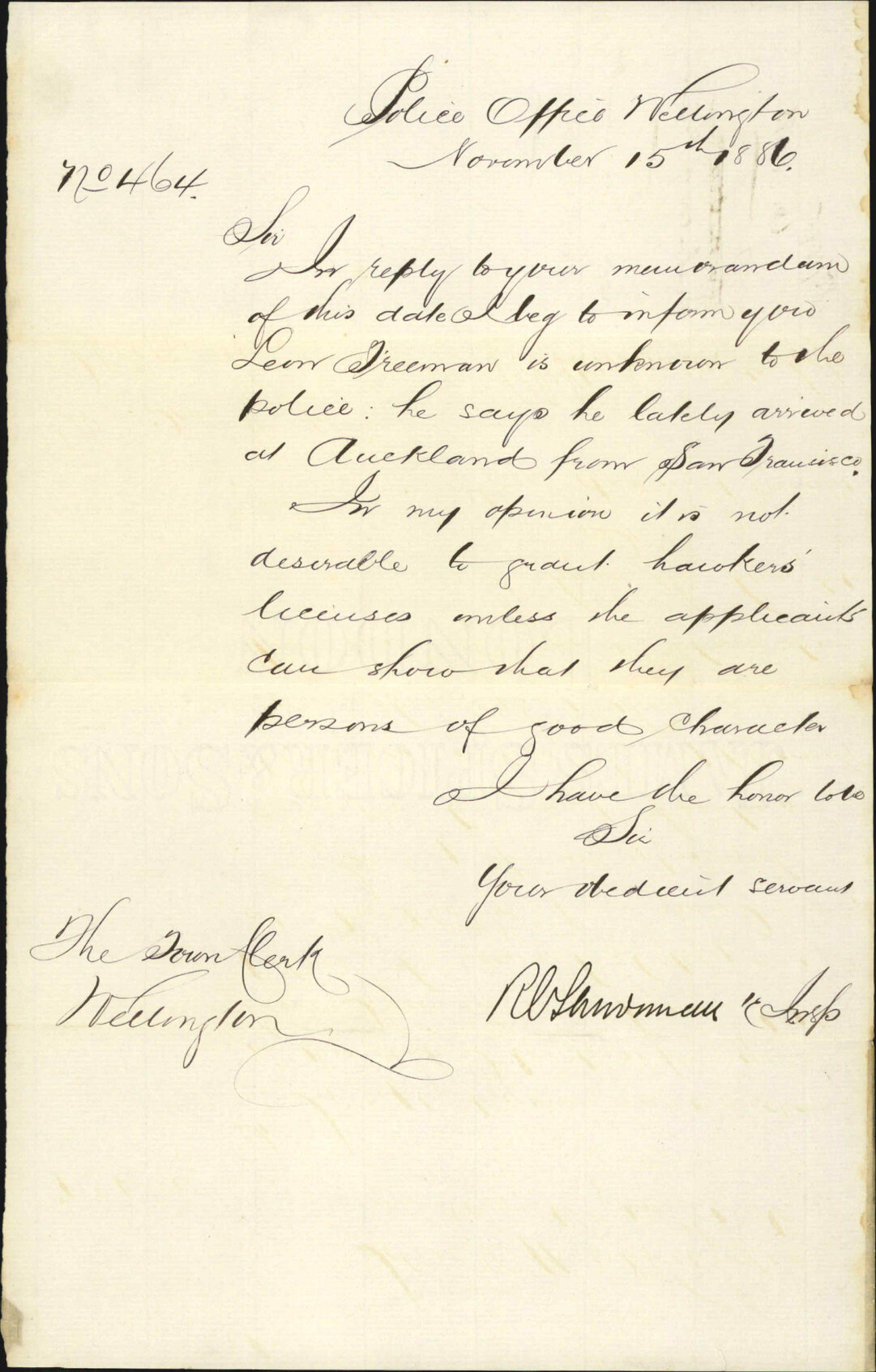Leon Freeman and hawkers license - Inspector of Police