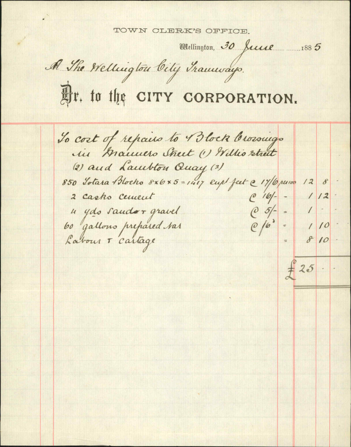 As to cheque for repairs to crossing - Wellington City Tramways