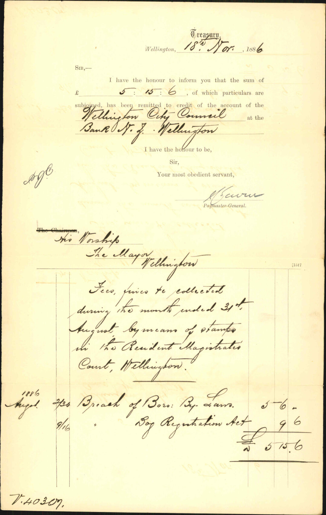Advising payment of water account etc - Treasury
