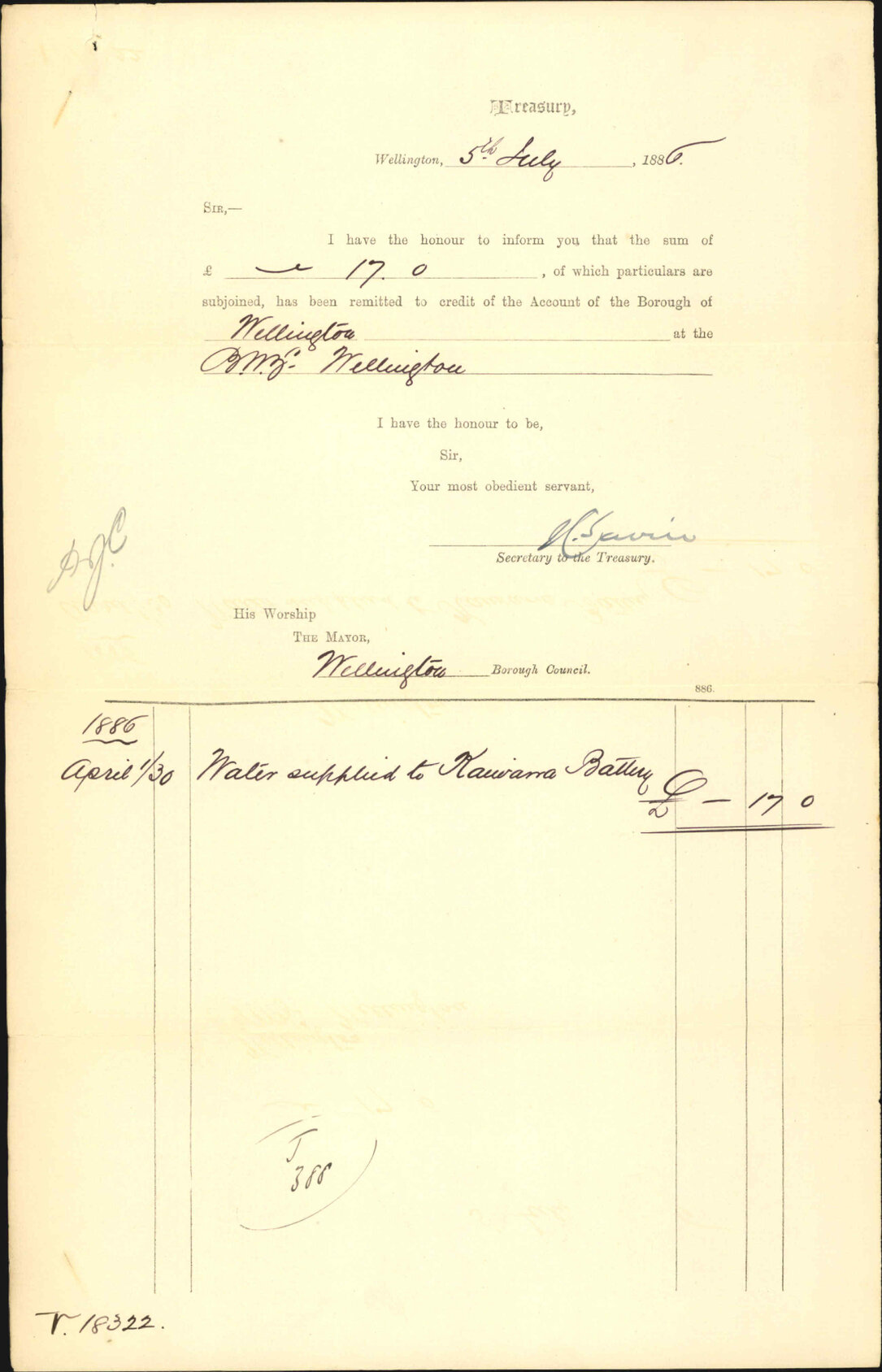 Forwarding cheque for water etc - Treasury