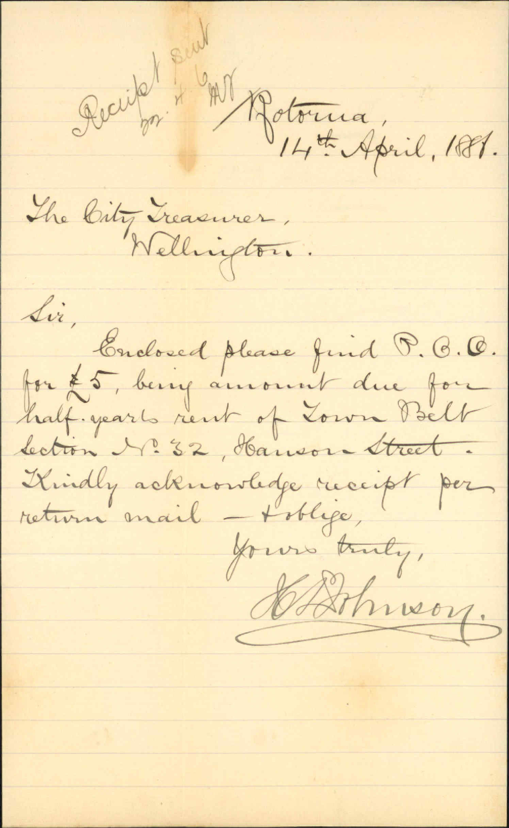 Enclosing cheque for Town Belt Rent - H D Johnson