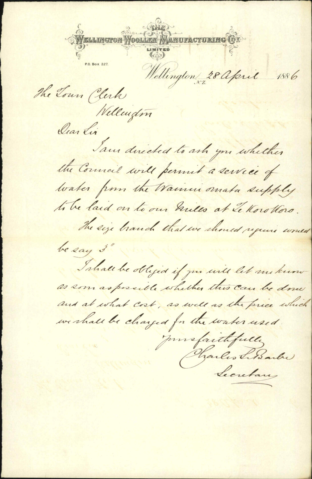 Asking for 3" water service at Te Koro Koro [Korokoro] - Wellington Woollen Manufacturing Company