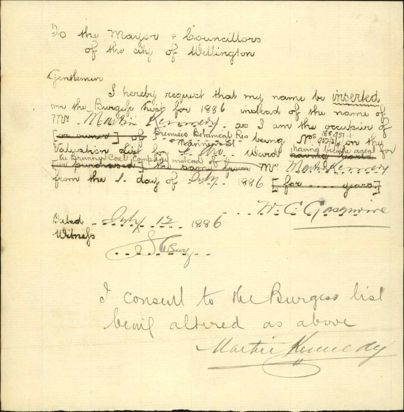 Application to be placed on Burgess Roll - W C Gasgoine