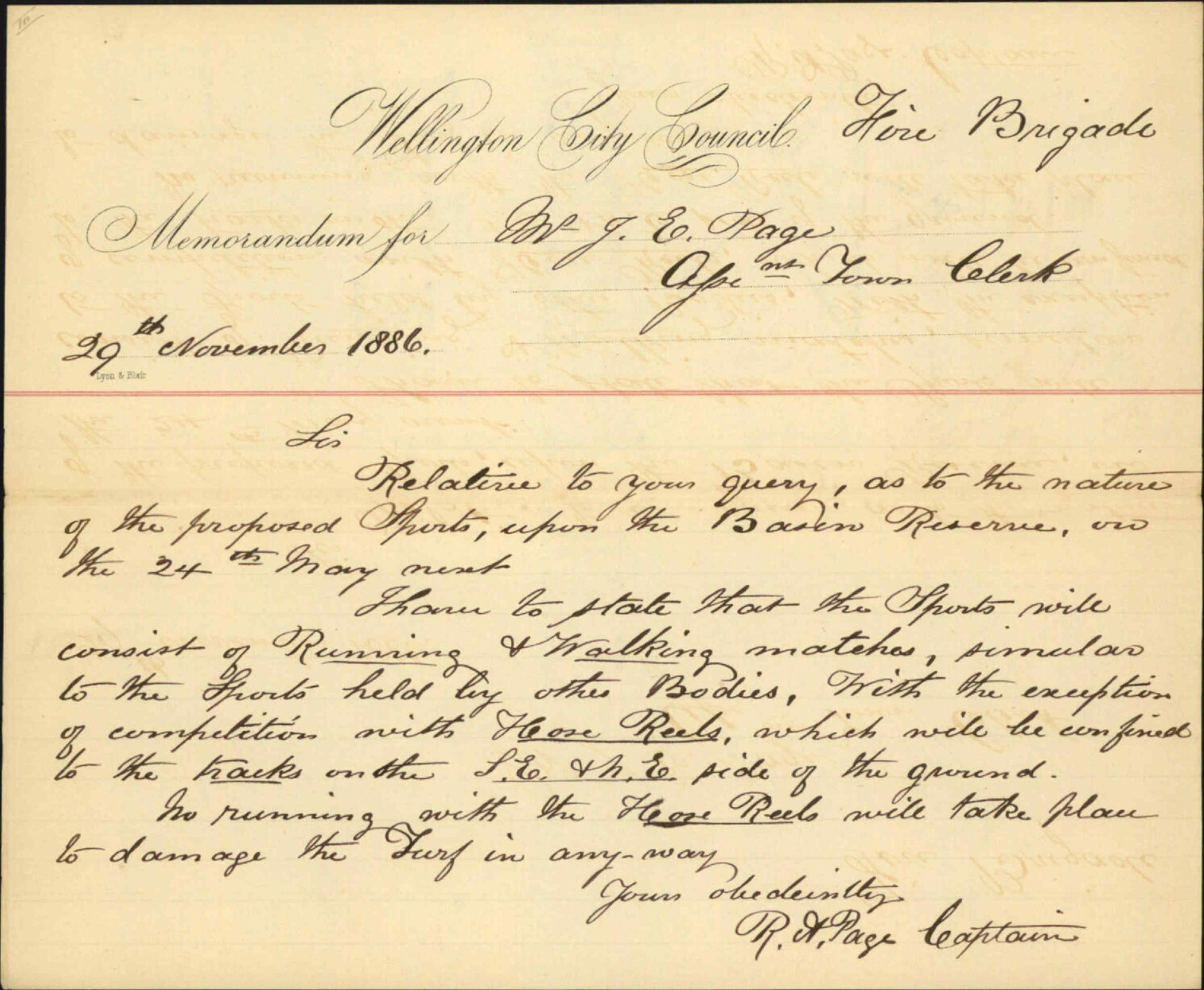 Proposed sports on Basin Reserve - Captain of Fire Brigade [Robert A Page]