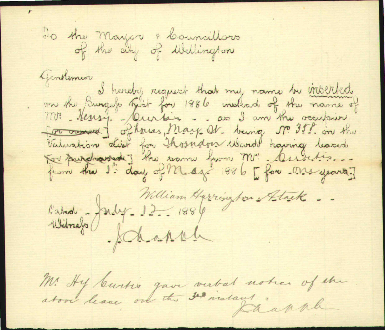 Application to be placed on Burgess Roll - William Harrington Stack