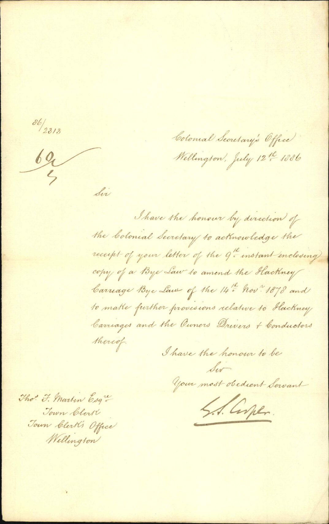 Acknowledging receipt of bylaw - Colonial Secretary