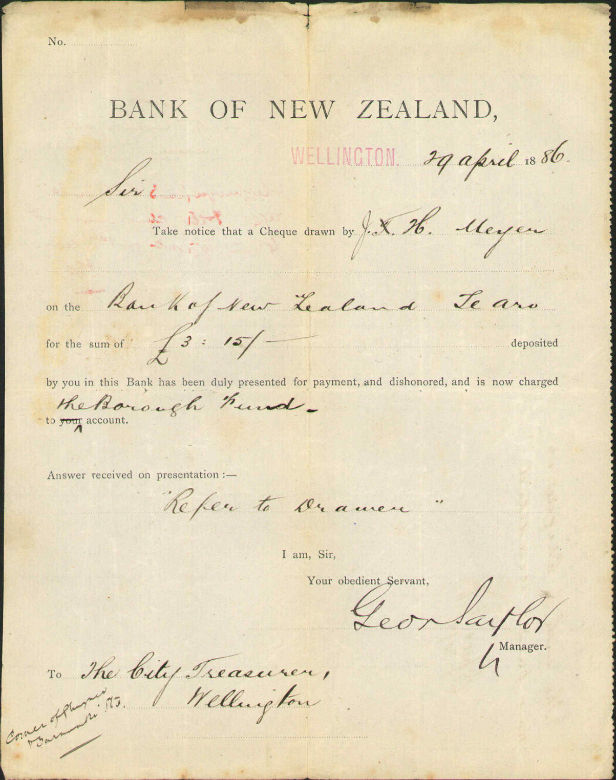 J H Meyers cheque dishonoured - Bank of New Zealand