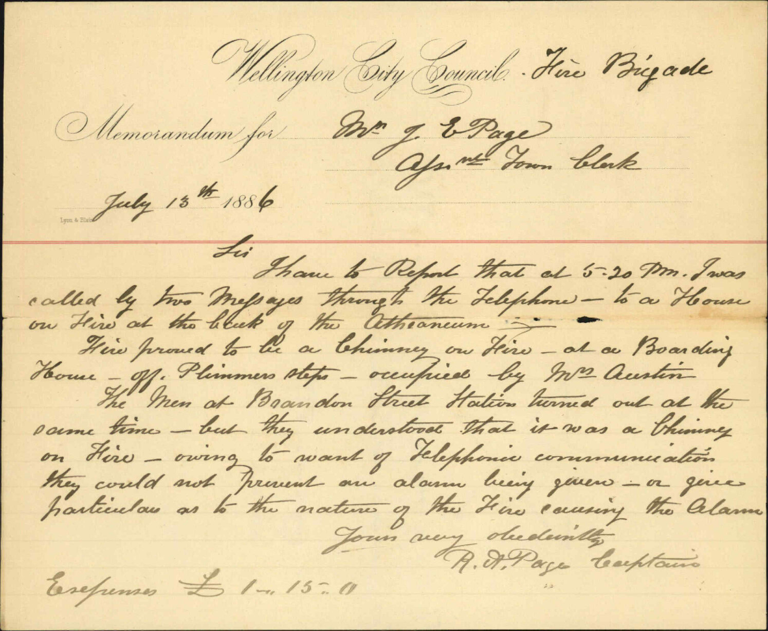 Report as to fire at back of Athenaeum - Robert A Page (Captain, Fire Brigade)