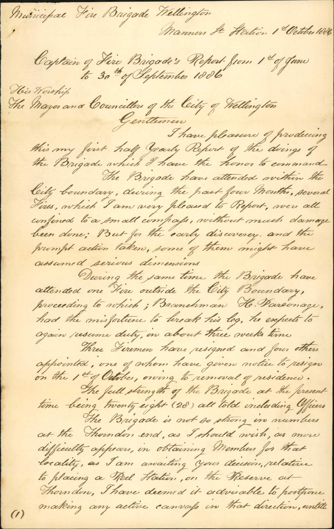 Report for four months - Robert A Page (Captain, Fire Brigade)
