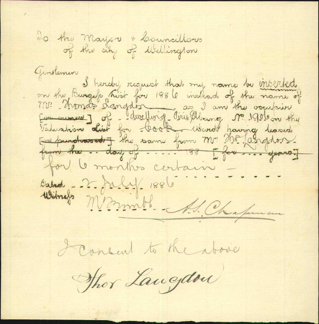 Application to be placed on Burgess Roll - A S Chapman
