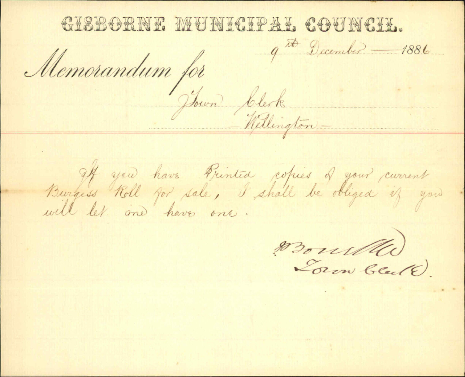 Asking for copies of Burgess roll - Town Clerk, Gisborne