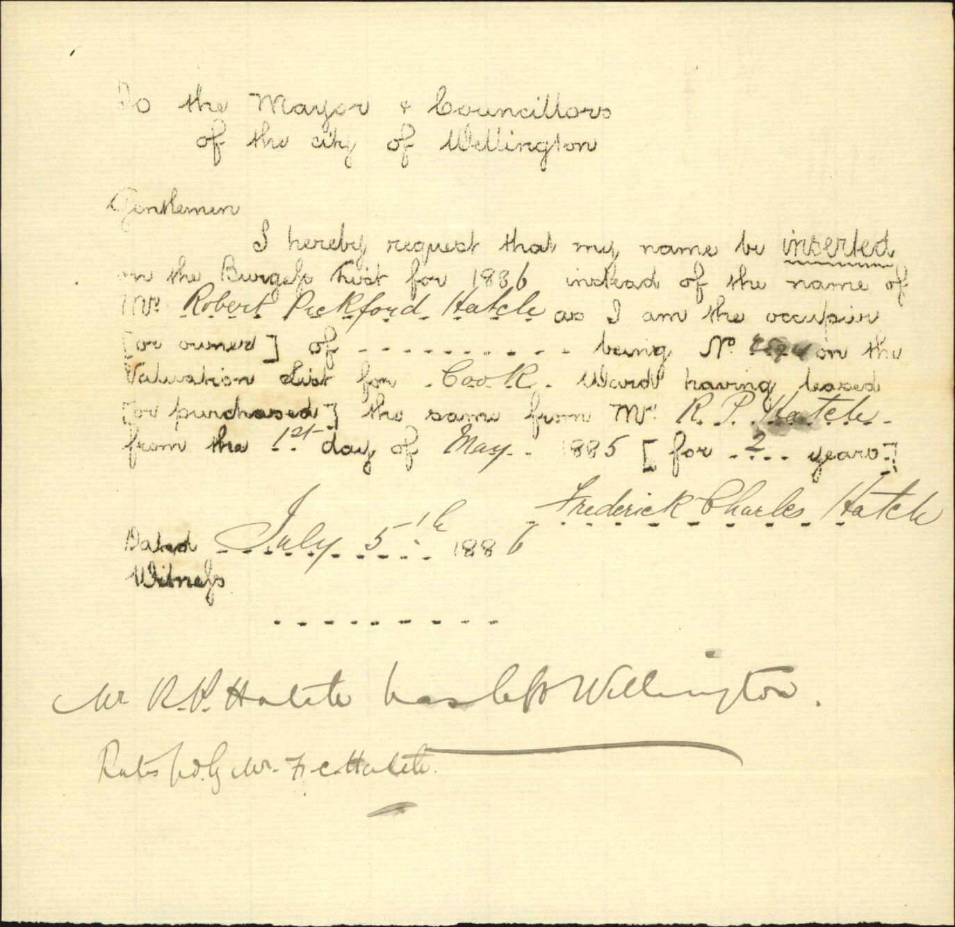 Application to be placed on Burgess Roll - F C Hatel