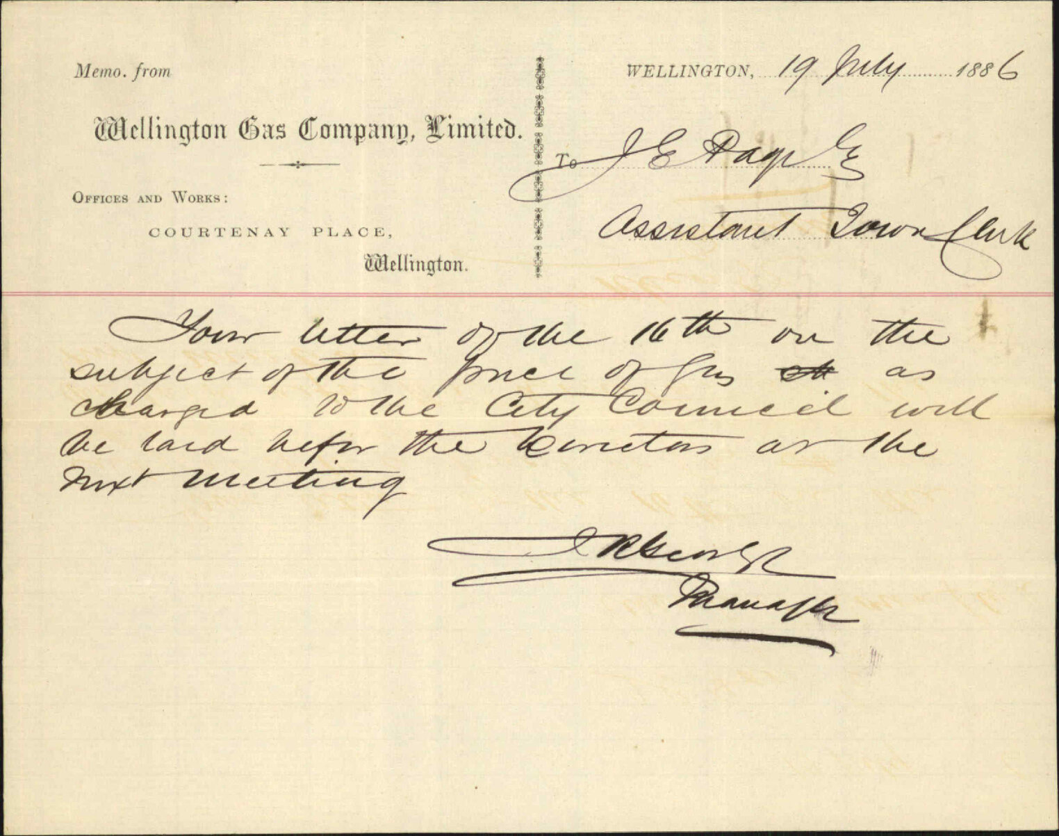 Letter will be placed before directors - Wellington Gas Company