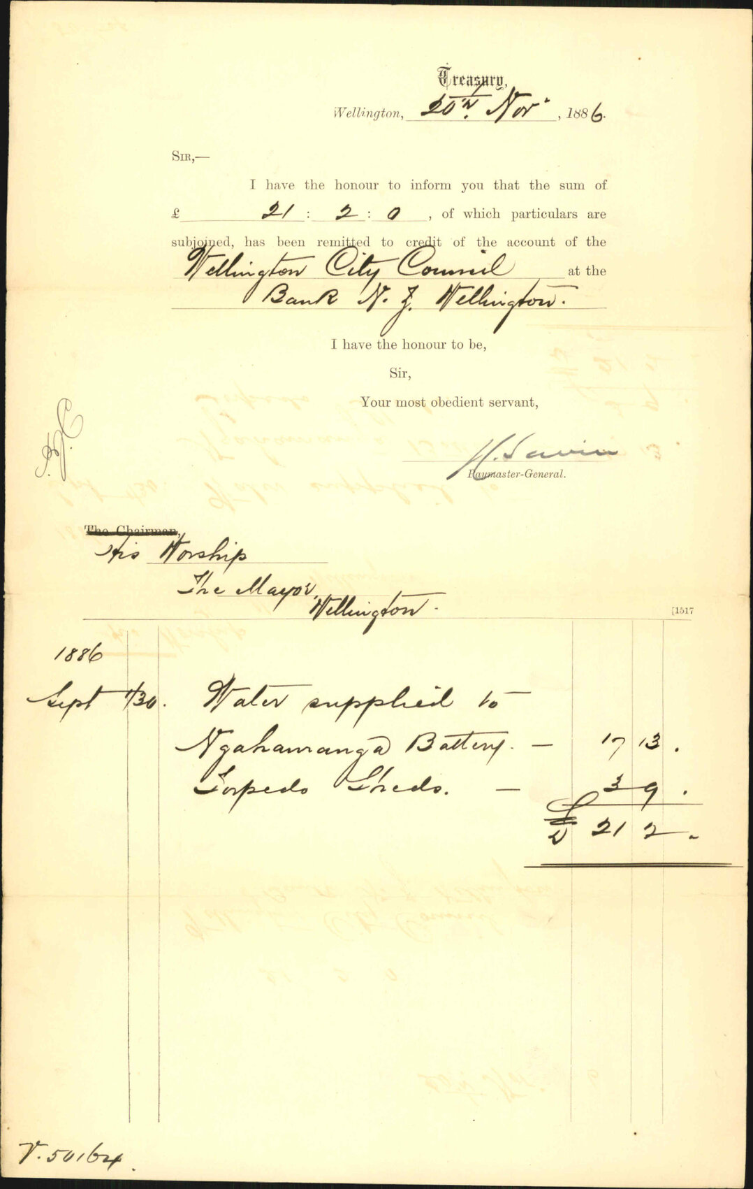 Advising payment of water account - Treasury