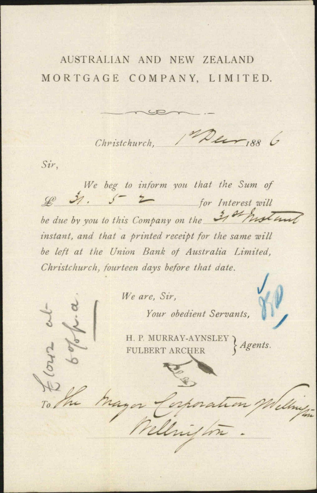 Asking cheque for interest - Australian and New Zealand Mortgage Company