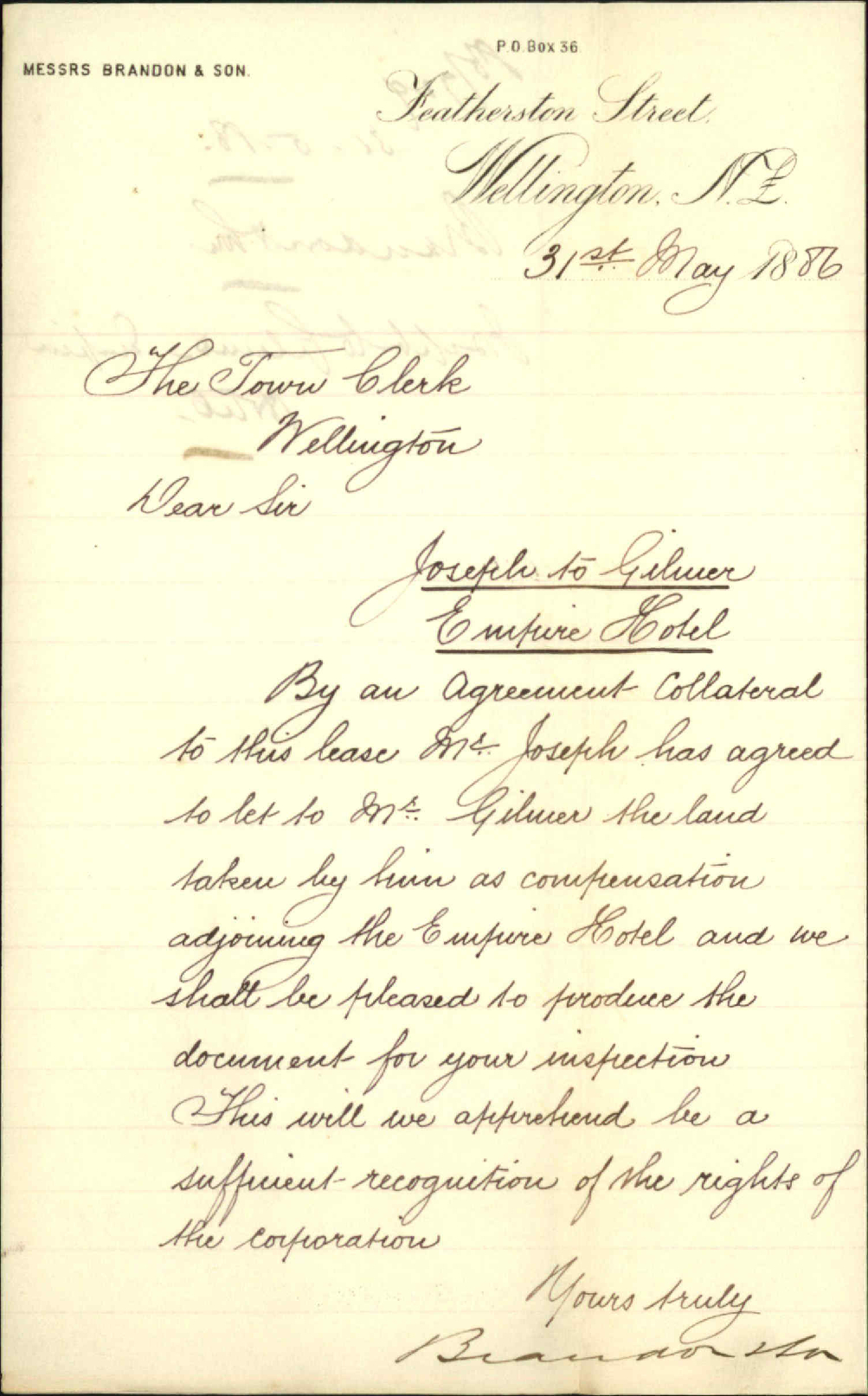 Joseph to Gilmer, Empire Hotel - Brandon and Son