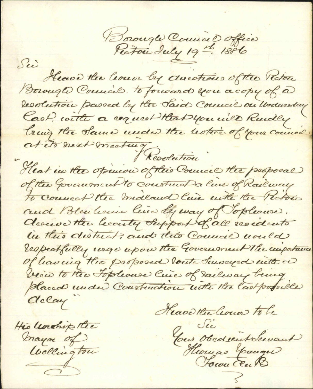 Midland Railway and Picton and Blenheim Line - Town Clerk, Picton