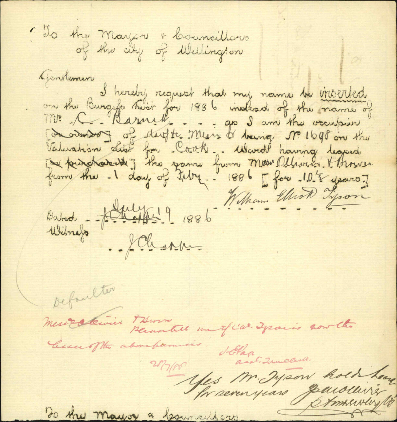 Application to be placed on Burgess Roll - W E Tyson