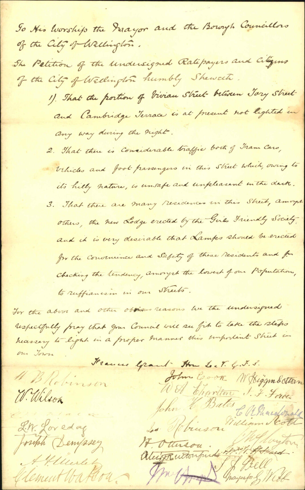 Petition asking for street lighting at Vivian Street - W B Robinson and others