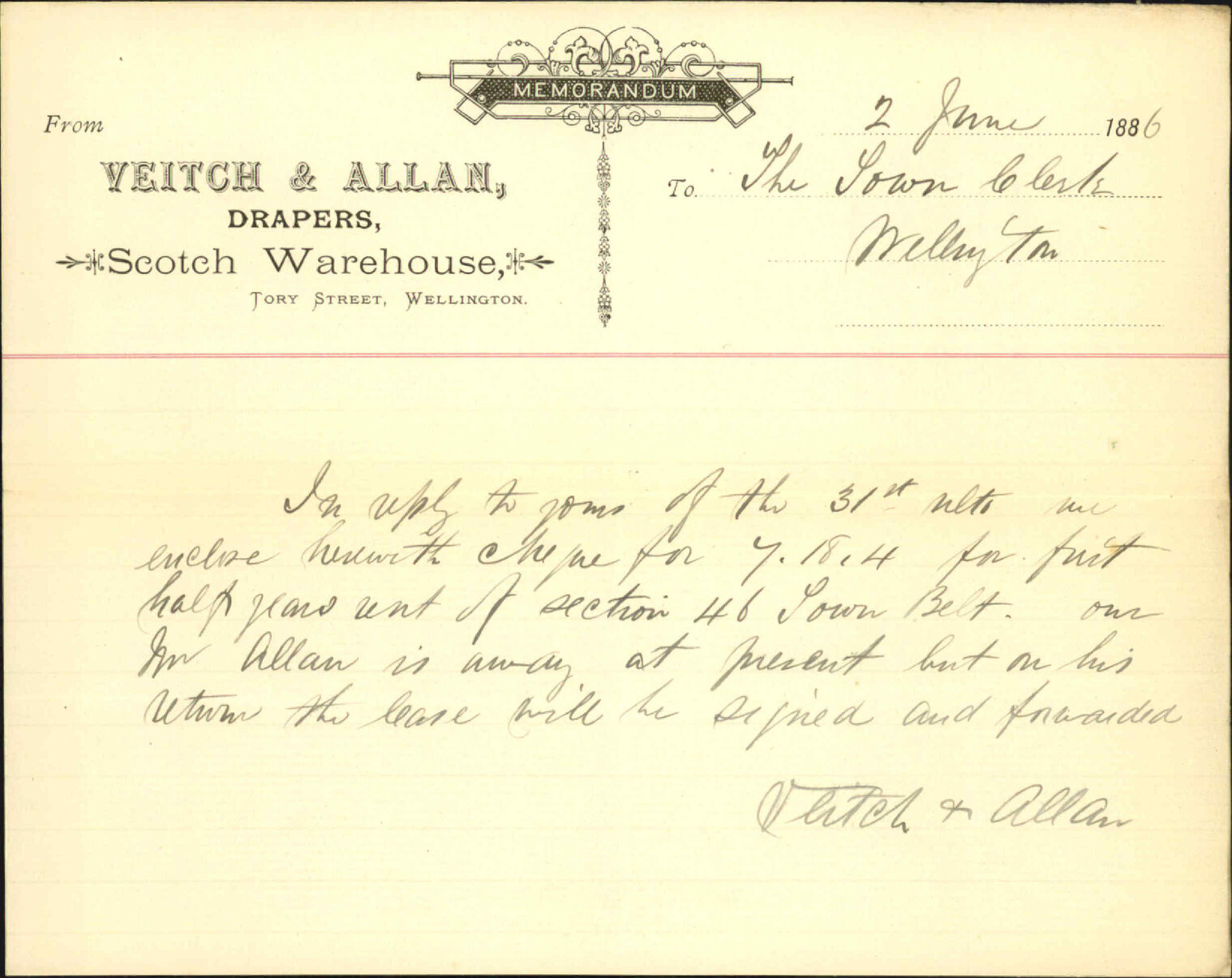 Enclosing cheque for rent - Veitch and Allan