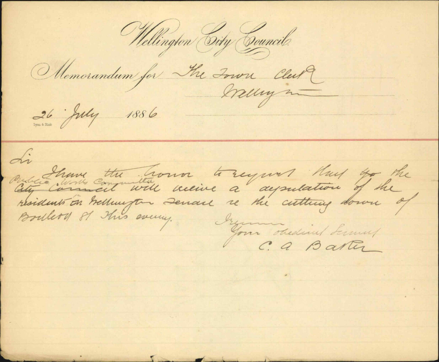 Deputation to wait on Public Works committee regarding cutting down Boulcott Street - CA Barker