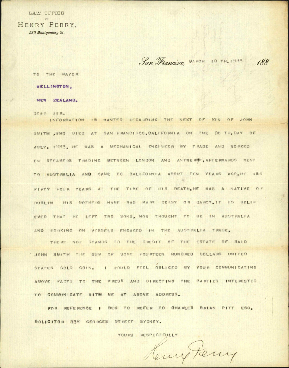 Information wanted regarding John Smith - Henry Perry, San Francisco
