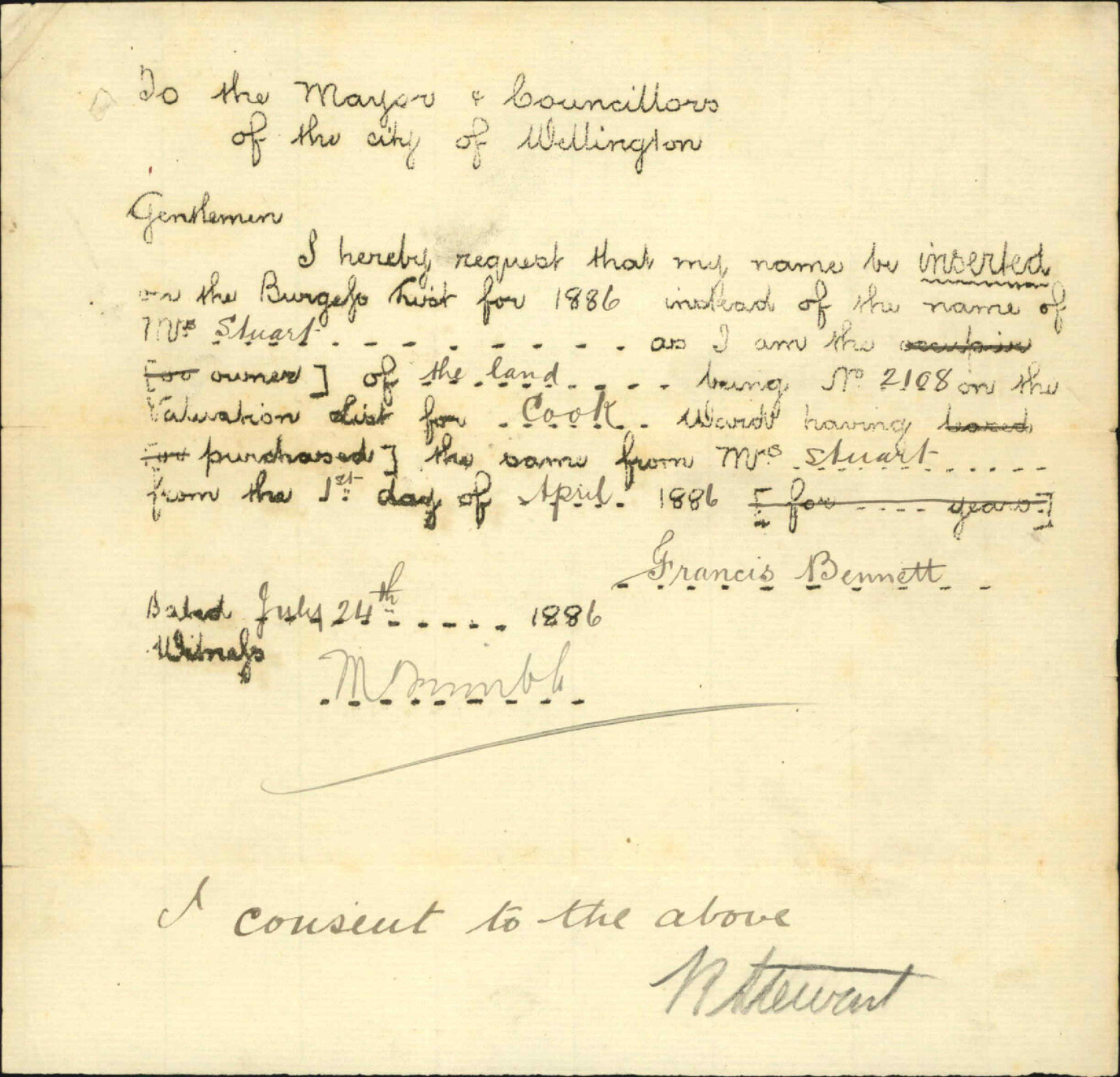 Application to be placed on Burgess Roll - G Bennett