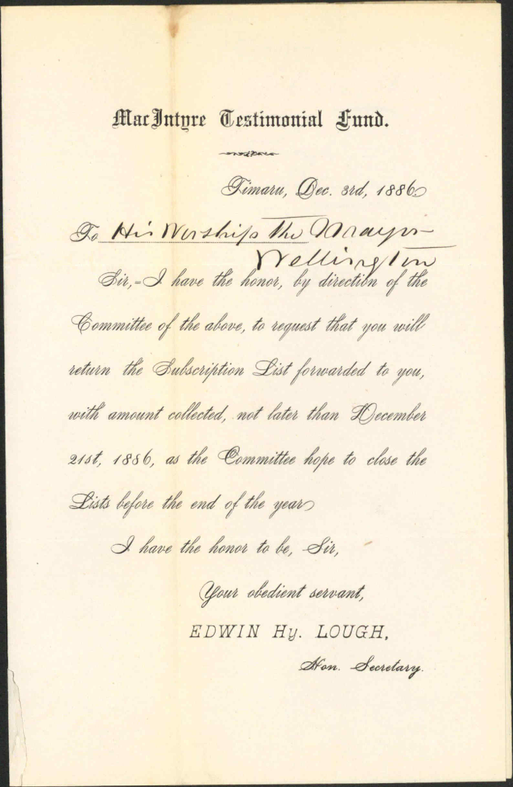 MacIntyre testimonial fund - E W Longh, Timaru