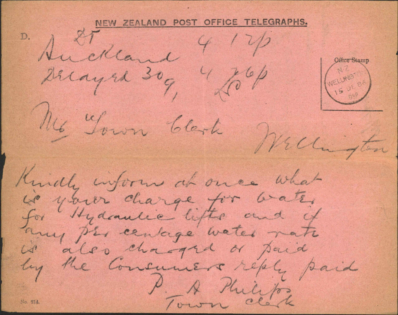 Enquiry as to price of water for lights - Town Clerk Auckland