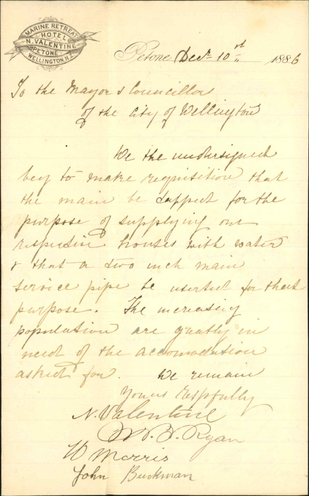 Asking for water supply at Petone - N Valentine and others